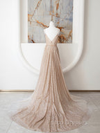 Champagne A Line Spaghetti Strap Sequins Long Formal Prom Dress Evening Dress