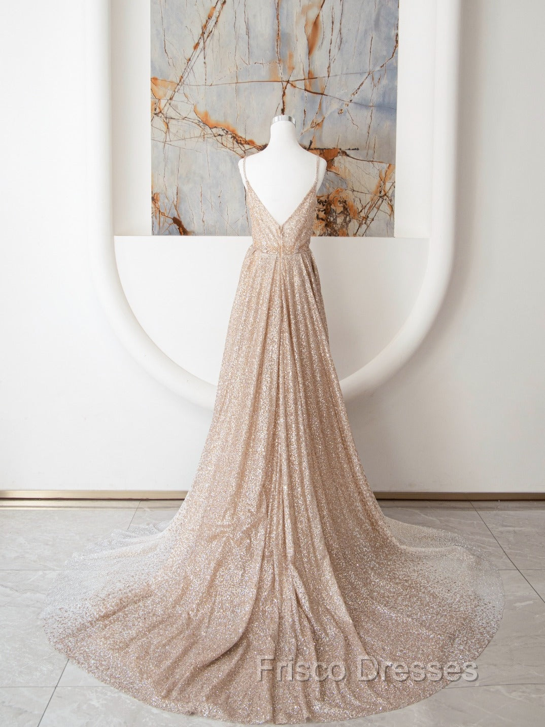 Champagne A Line Spaghetti Strap Sequins Long Formal Prom Dress Evening Dress