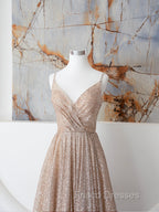 Champagne A Line Spaghetti Strap Sequins Long Formal Prom Dress Evening Dress