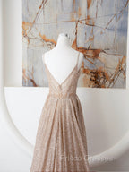 Champagne A Line Spaghetti Strap Sequins Long Formal Prom Dress Evening Dress