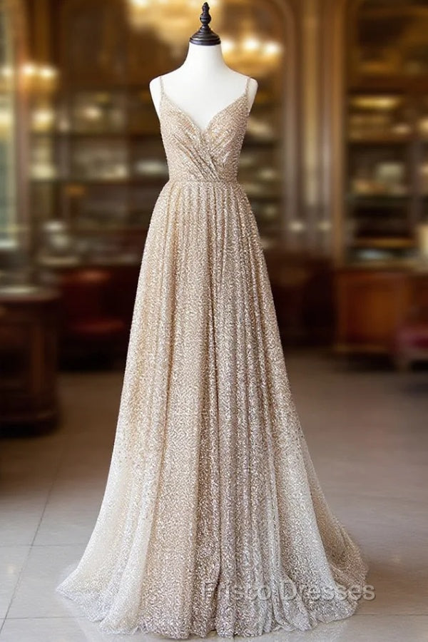 Champagne A Line Spaghetti Strap Sequins Long Formal Prom Dress Evening Dress Main image