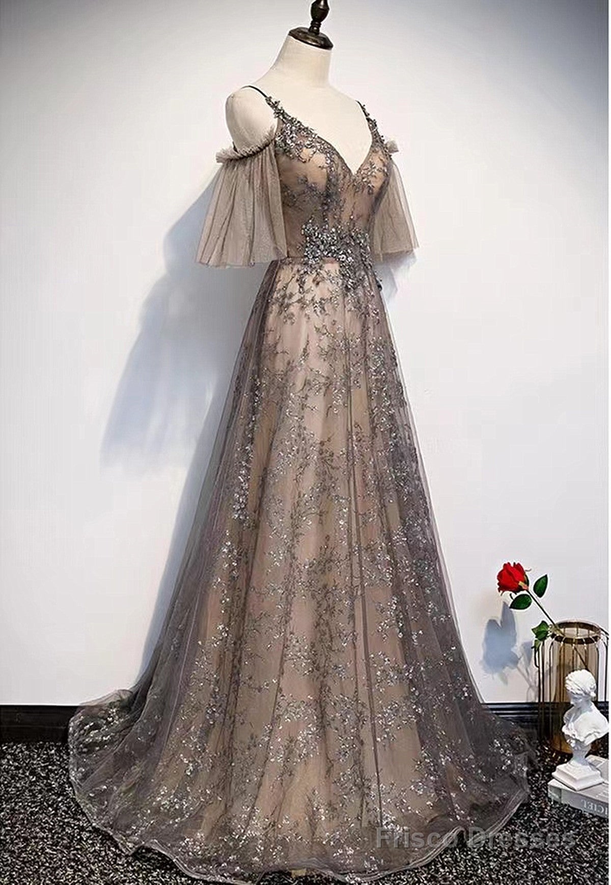 Champagne A-Line Straps Lace Low Back Prom Dress, A-Line Evening Dress