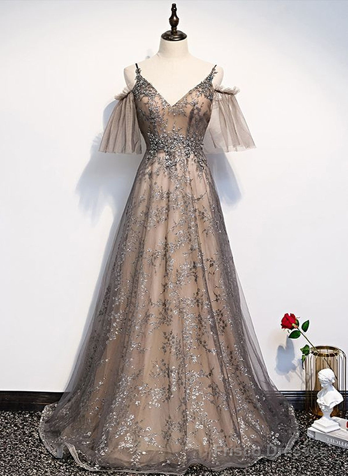 Champagne A-Line Straps Lace Low Back Prom Dress, A-Line Evening Dress Main image
