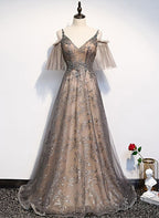 Champagne A-Line Straps Lace Low Back Prom Dress, A-Line Evening Dress