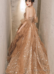 Champagne A-Line Tulle Beaded Off Shoulder Prom Dress, Champagne Party Dress