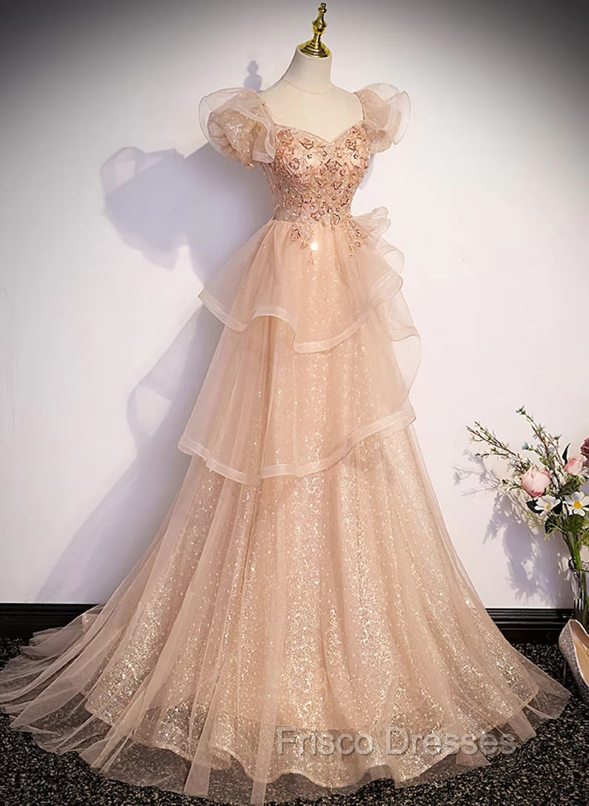 Champagne A-Line Tulle BeadedLong Formal Prom Dress, Champagne Formal Dress Secondary image