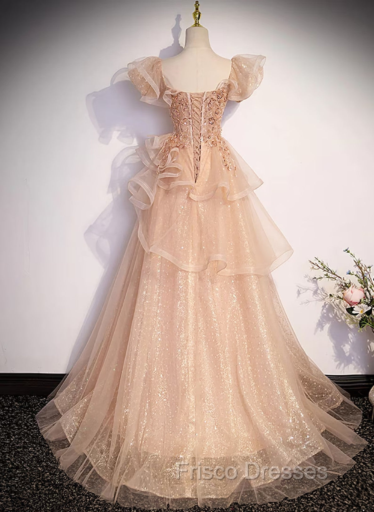 Champagne A-Line Tulle BeadedLong Formal Prom Dress, Champagne Formal Dress