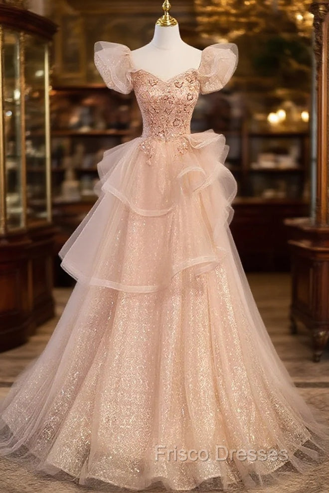 Champagne A-Line Tulle BeadedLong Formal Prom Dress, Champagne Formal Dress Main image