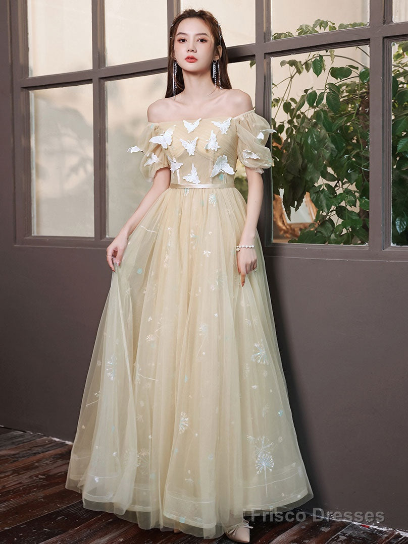 Champagne A-Line Tulle Lace Long Prom Dress, Champagne Evening Dress Main image