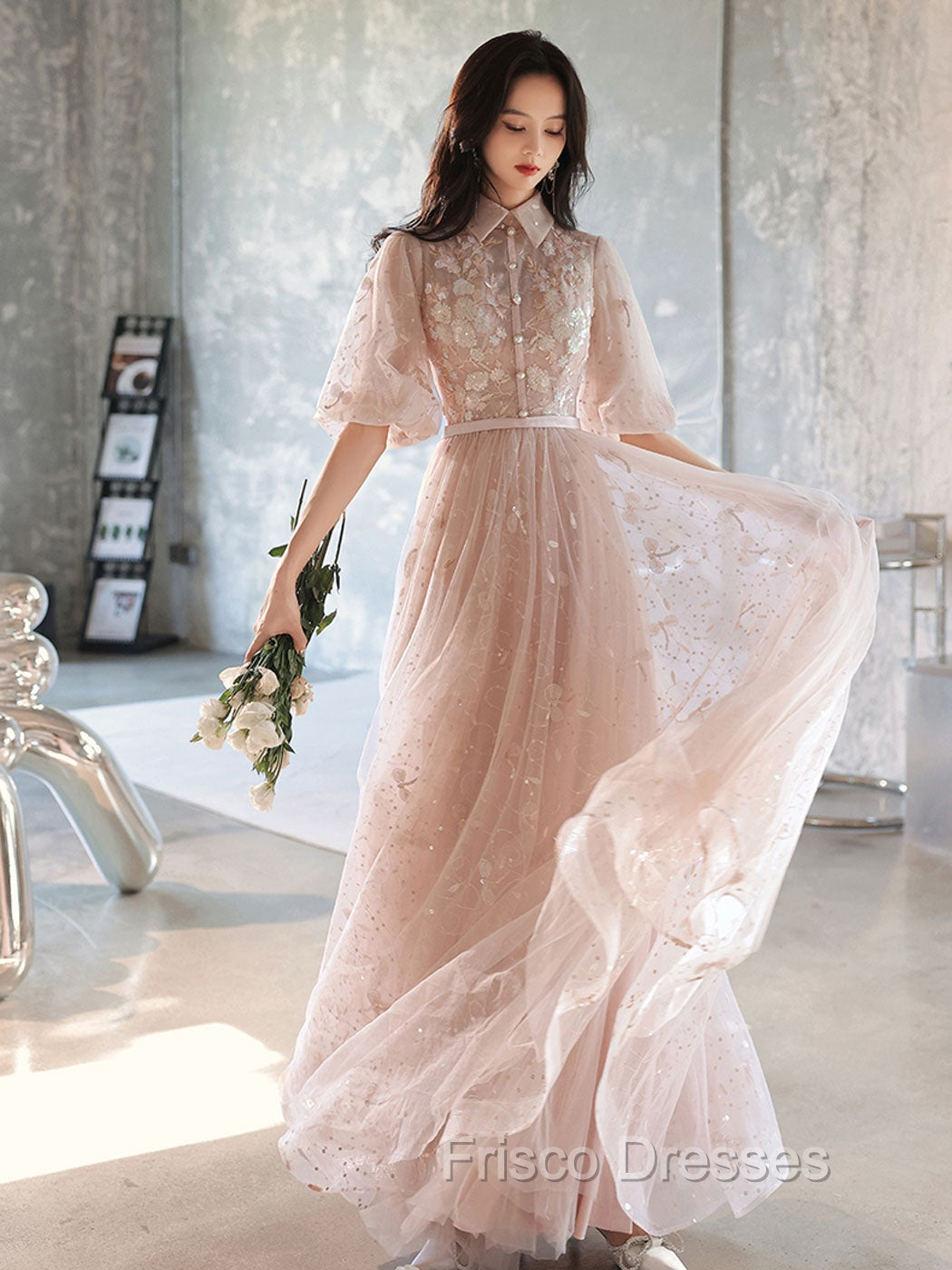Champagne A-Line Tulle Lace Long Formal Prom Dress, Champagne Formal Dress