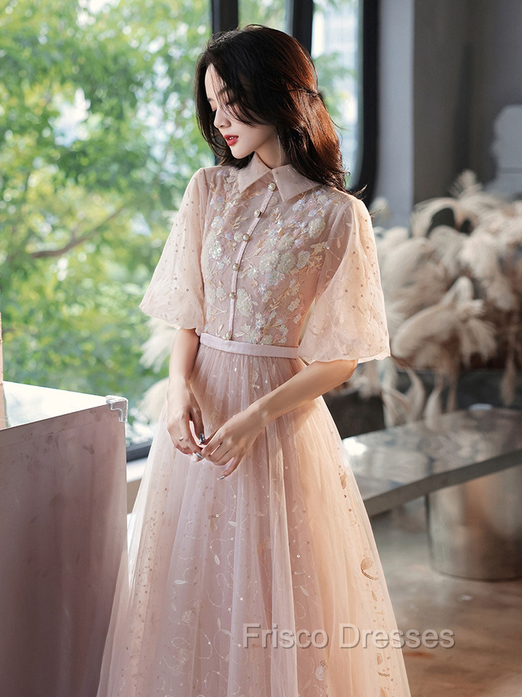 Champagne A-Line Tulle Lace Long Formal Prom Dress, Champagne Formal Dress