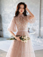 Champagne A-Line Tulle Lace Long Formal Prom Dress, Champagne Formal Dress