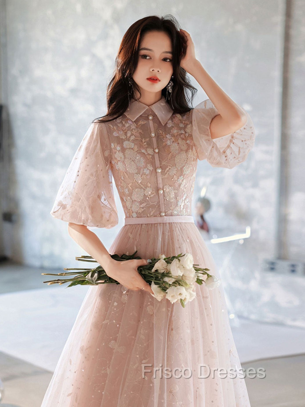 Champagne A-Line Tulle Lace Long Formal Prom Dress, Champagne Formal Dress