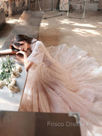 Champagne A-Line Tulle Lace Long Formal Prom Dress, Champagne Formal Dress