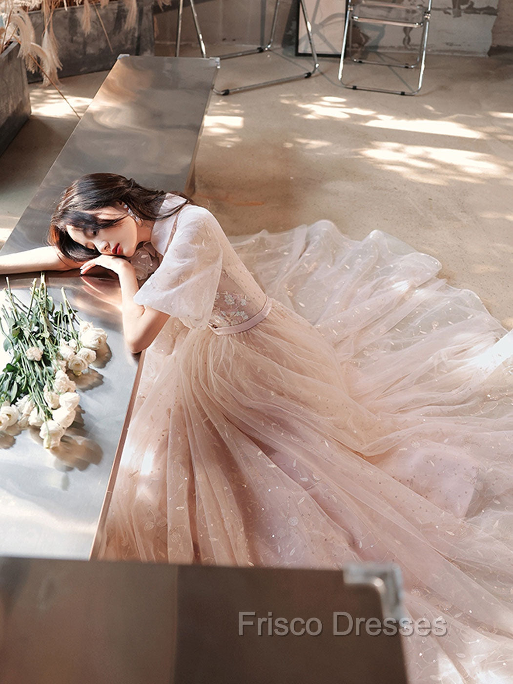 Champagne A-Line Tulle Lace Long Formal Prom Dress, Champagne Formal Dress