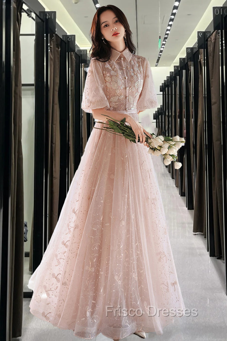 Champagne A-Line Tulle Lace Long Formal Prom Dress, Champagne Formal Dress Main image