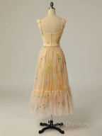Champagne A Line Tulle Lace Tea Length Formal Prom Dress, Champagne Evening Dress