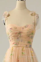 Champagne A Line Tulle Lace Tea Length Formal Prom Dress, Champagne Evening Dress