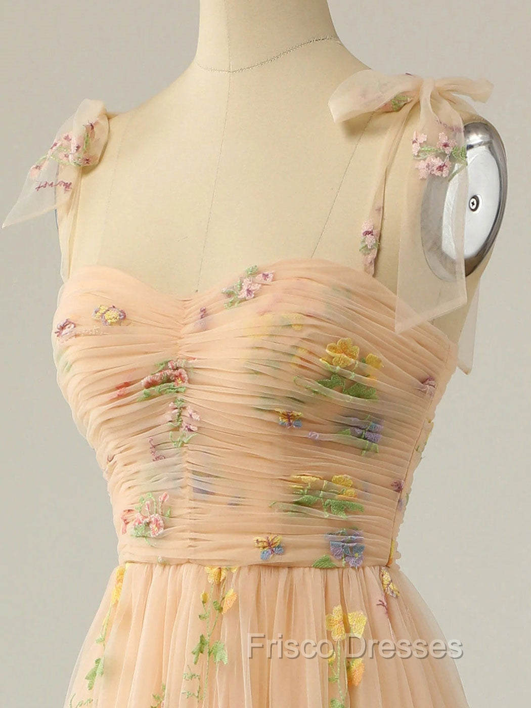 Champagne A Line Tulle Lace Tea Length Formal Prom Dress, Champagne Evening Dress