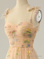 Champagne A Line Tulle Lace Tea Length Prom Dress, Champagne Evening Dress