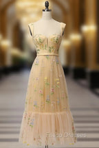 Champagne A Line Tulle Lace Tea Length Formal Prom Dress, Champagne Evening Dress