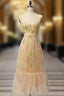 Champagne A Line Tulle Lace Tea Length Formal Prom Dress, Champagne Evening Dress