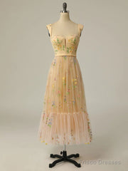 Champagne A Line Tulle Lace Tea Length Prom Dress, Champagne Evening Dress