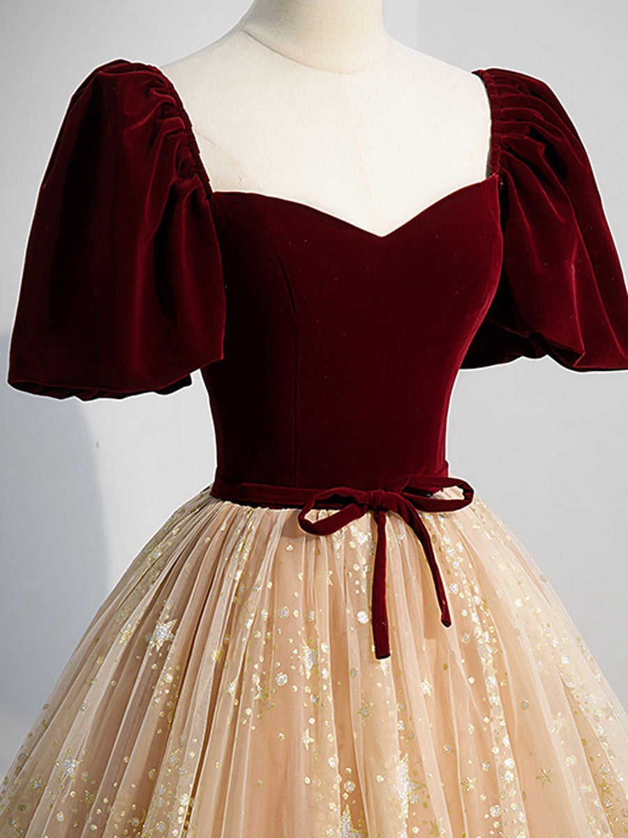 Champagne A Line Tulle Long Prom Dress, Champagne Evening Dress