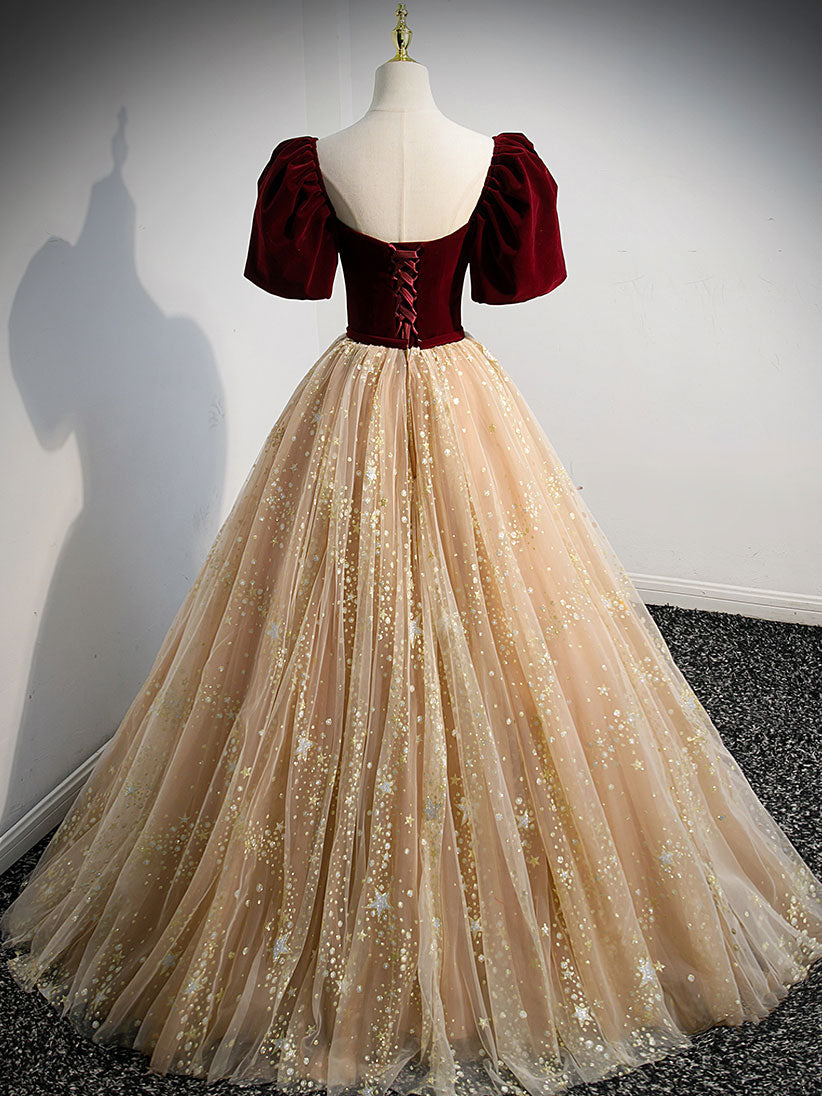 Champagne A Line Tulle Long Prom Dress, Champagne Evening Dress