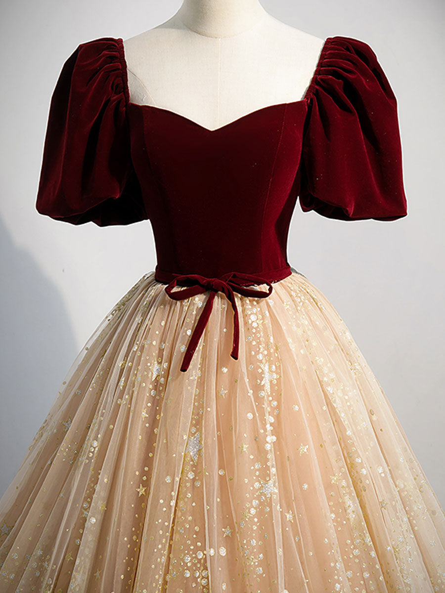 Champagne A Line Tulle Long Prom Dress, Champagne Evening Dress