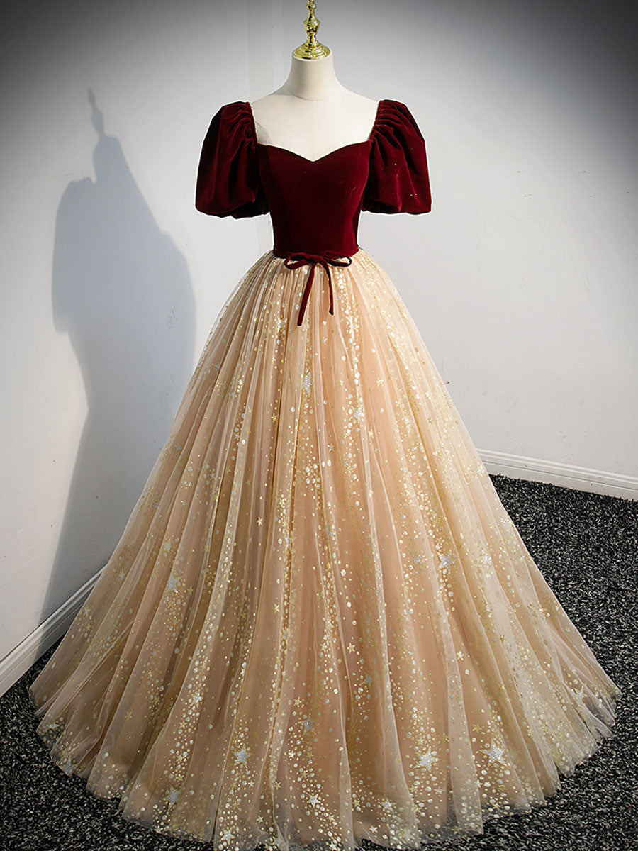 Champagne A Line Tulle Long Prom Dress, Champagne Evening Dress Main image