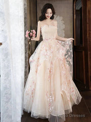 Champagne A-Line Tulle Sequins Long Prom Dress Embroidery Applique Formal Evening Dress
