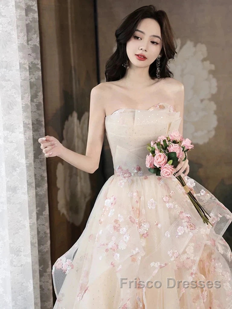 Champagne A-Line Tulle Sequins Long Formal Prom Dress Embroidery Applique Formal Evening Dress