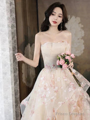 Champagne A-Line Tulle Sequins Long Prom Dress Embroidery Applique Formal Evening Dress