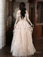 Champagne A-Line Tulle Sequins Long Formal Prom Dress Embroidery Applique Formal Evening Dress