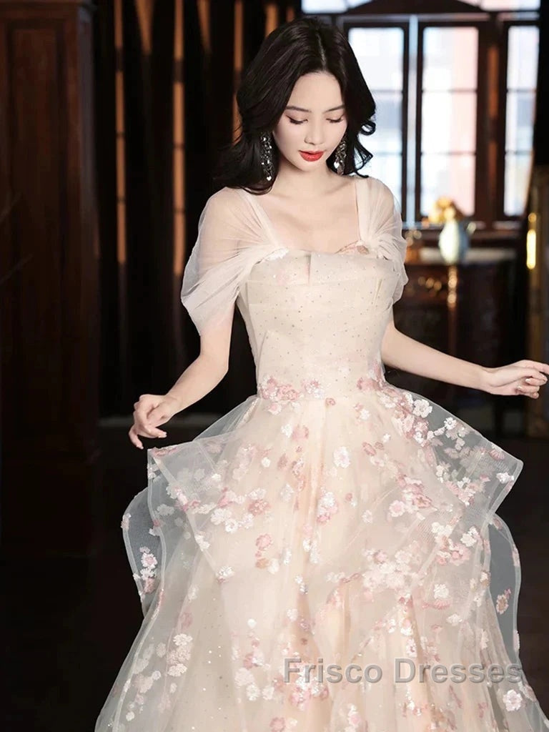 Champagne A-Line Tulle Sequins Long Formal Prom Dress Embroidery Applique Formal Evening Dress