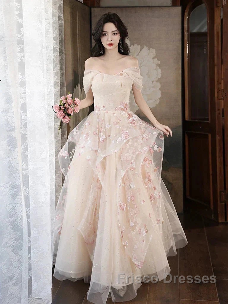 Champagne A-Line Tulle Sequins Long Formal Prom Dress Embroidery Applique Formal Evening Dress