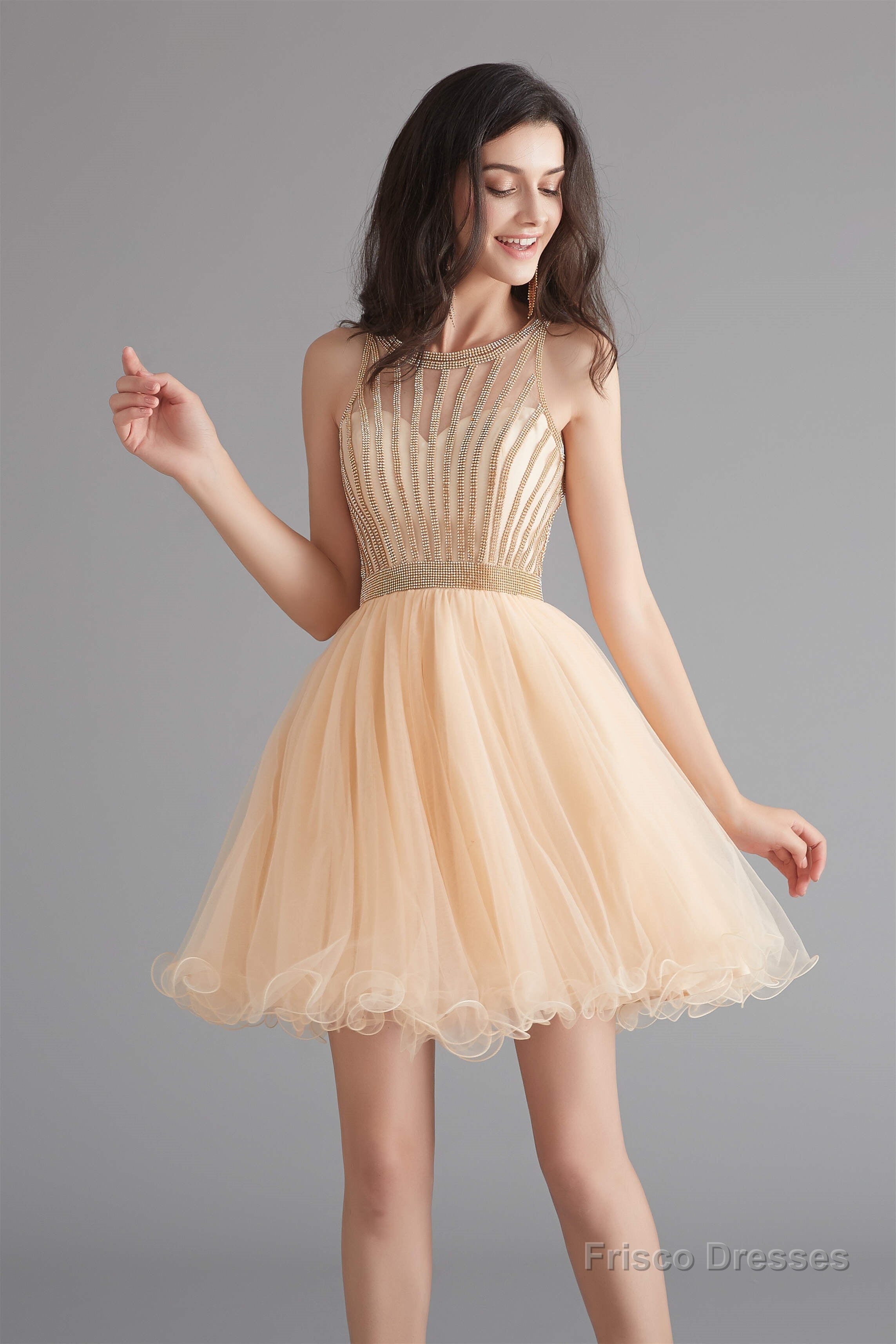 A-Line Tulle Sleeveless Beading Homecoming Dresses