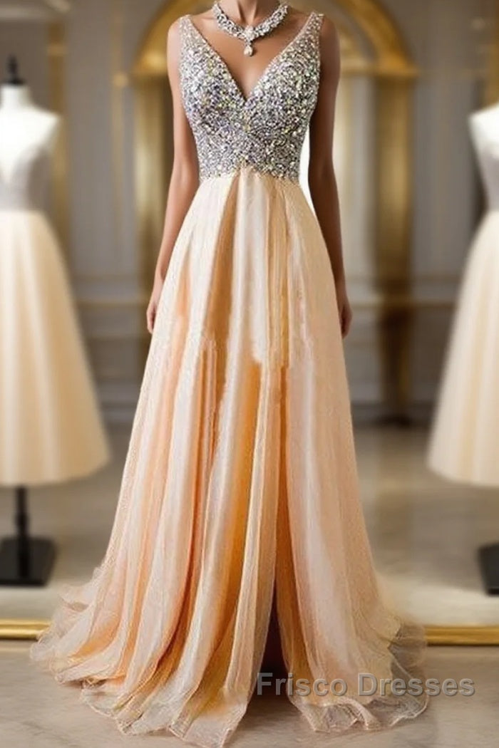 Champagne A-Line V Neck Chiffon Long Formal Prom Dress, Formal Dress Main image