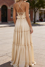 Champagne A-line V Neck Sleeveless Floor-Length Chiffon Prom Dress Long Prom Dresses Backless with Pleated Ruffles
