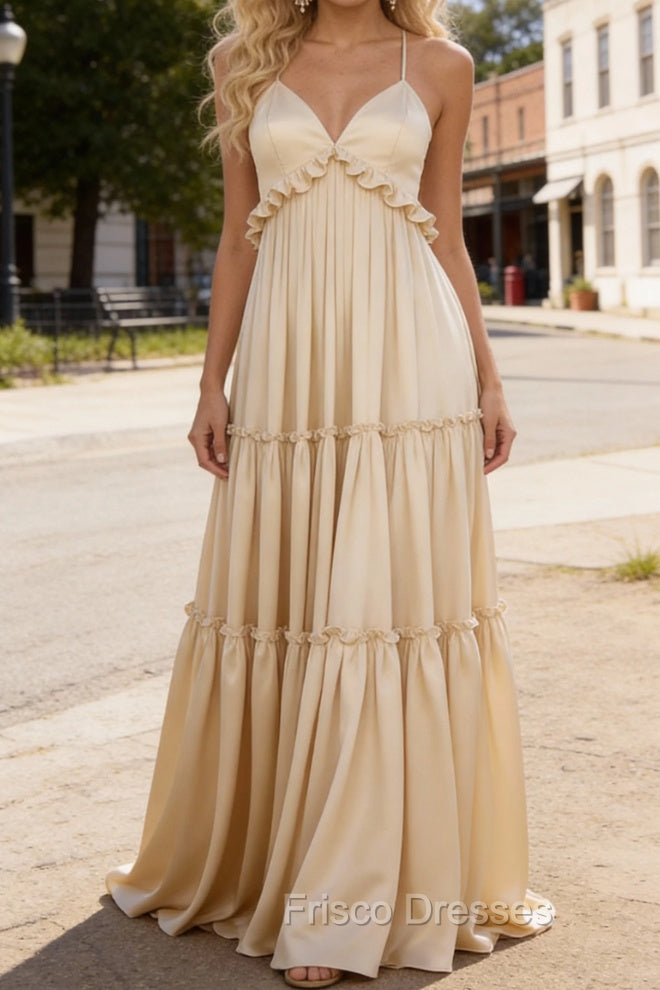 Champagne A-line V Neck Sleeveless Floor-Length Chiffon Prom Dress Long Prom Dresses Backless with Pleated Ruffles Main image