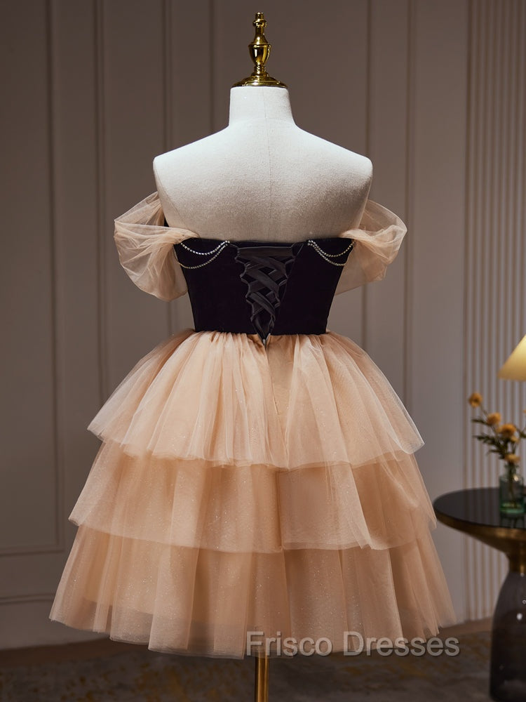 Champagne and Black Sweetheart Short Formal Dress, Tulle Homecoming Dress Secondary image