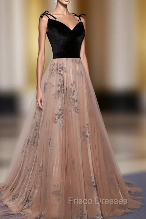 Champagne and Black Vevet Long Party Dresess, Straps Long Formal Dress