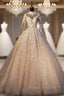 Champagne Ball Gown High Neck Long Sleeve Wedding Dress With Long Train