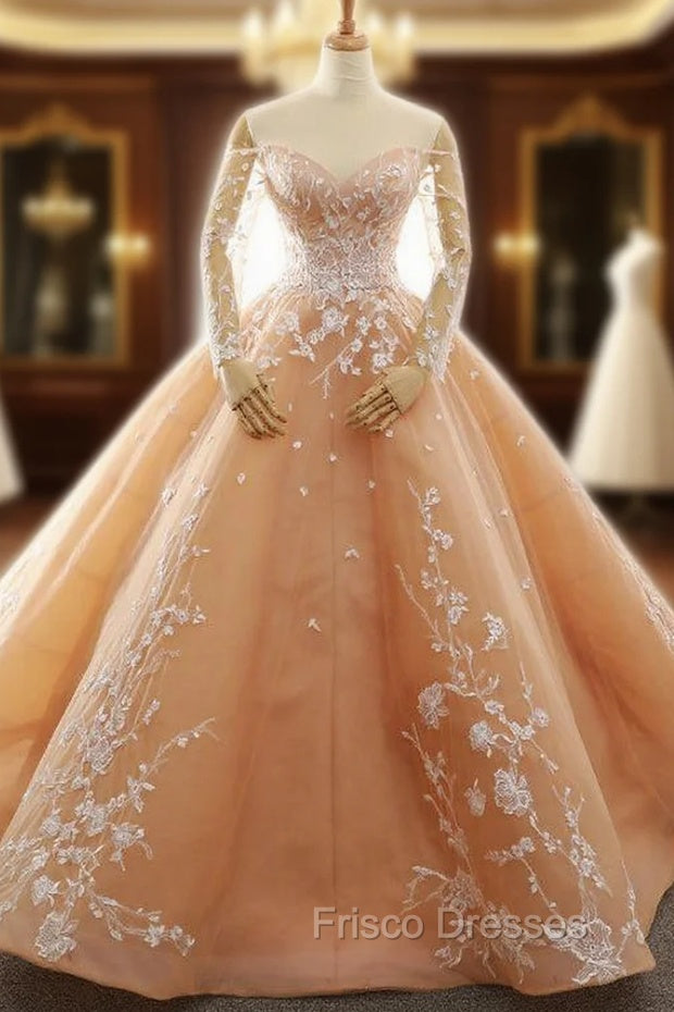 Champagne Ball Gown Off The Shoulder Long Sleeve Wedding Dress Main image