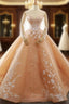 Champagne Ball Gown Off The Shoulder Long Sleeve Wedding Dress