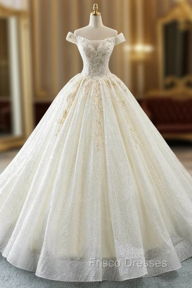 Champagne Ball Gown Off The Shoulder Tulle Sequins Wedding Dress Main image