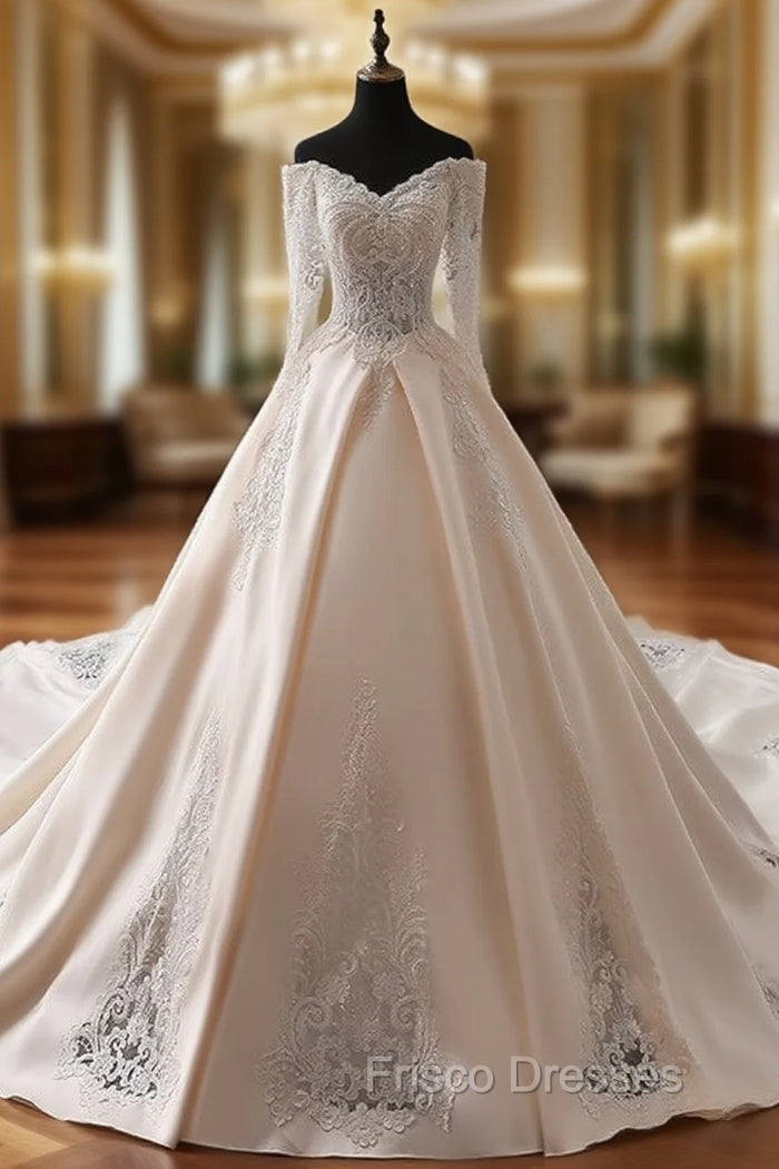 Champagne Ball Gown Satin Appliques Off The Shoulder Wedding Dress