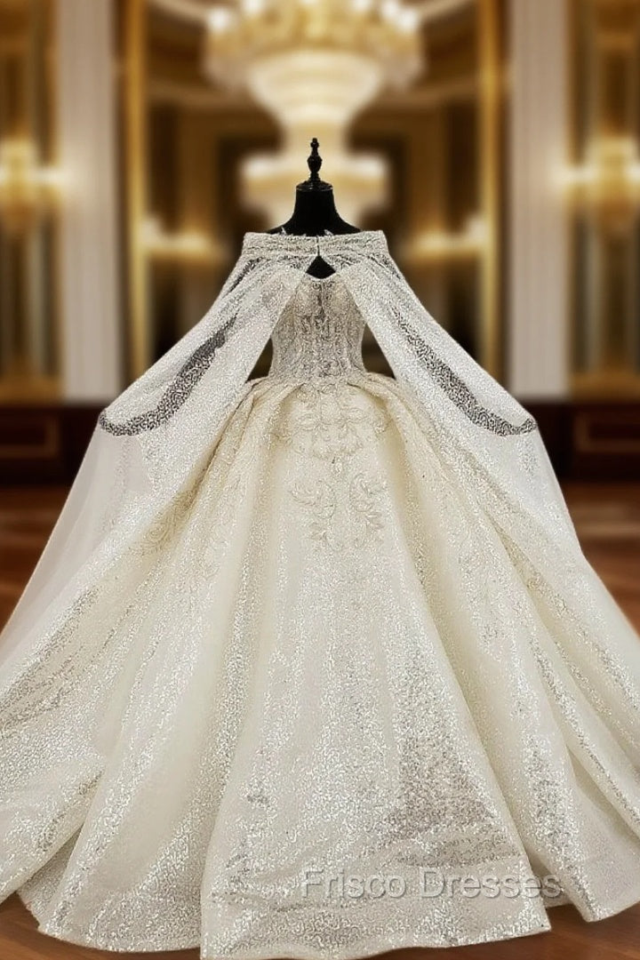 Champagne Ball Gown Sequins Sweetheart Beading Wedding Dress With Shawl