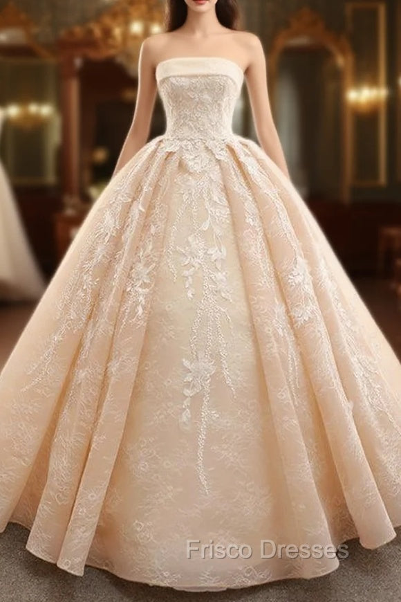 Champagne Ball Gown Strapless Lace Floor Length Wedding Dress